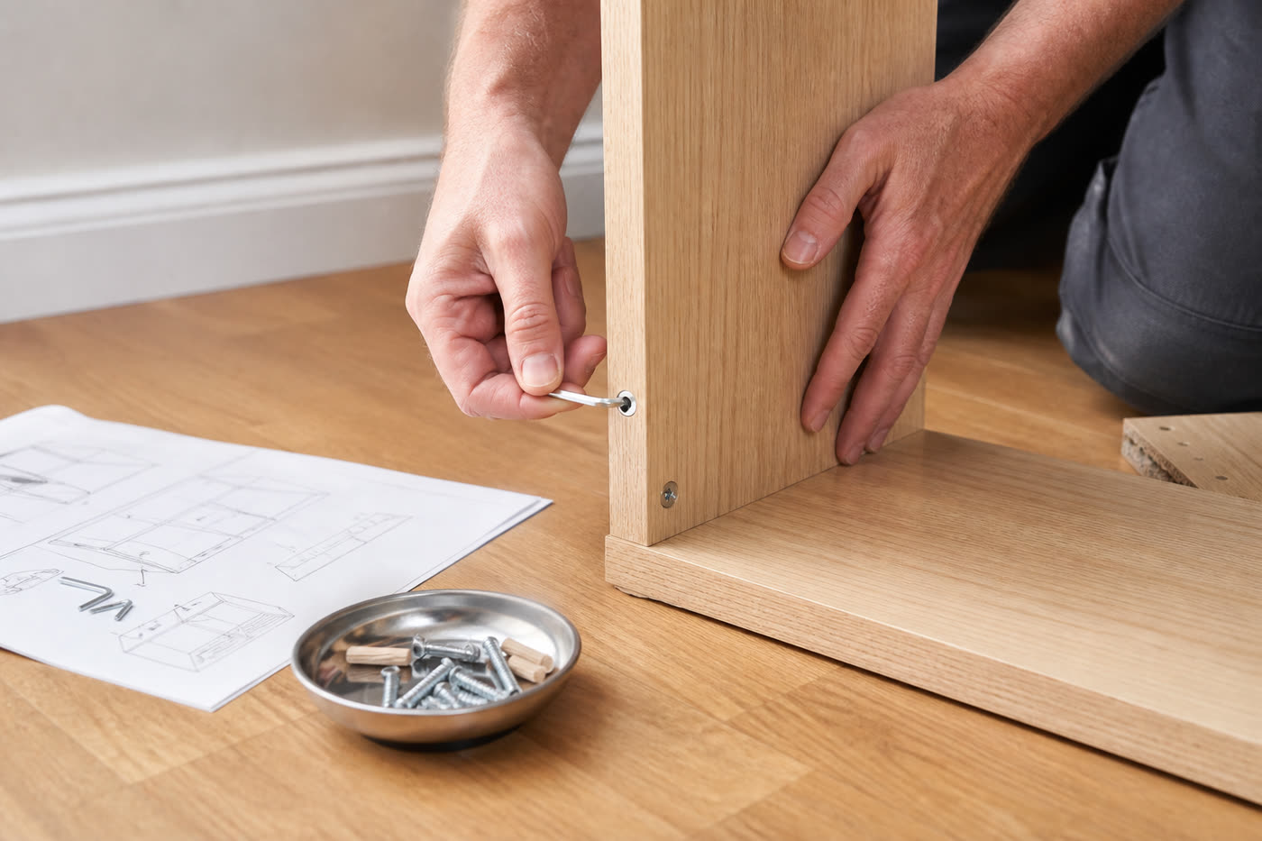 Hands assembling light-oak flatpack furniture with an Allen key on a wooden floor.