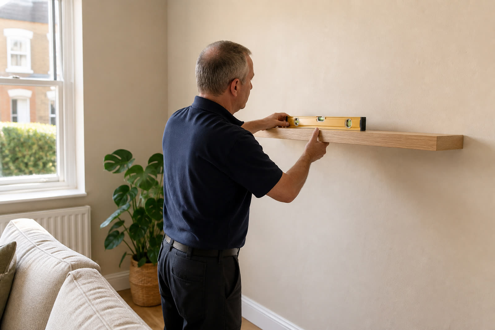 A tradesperson levelling a pale oak floating shelf in a tidy British living room.